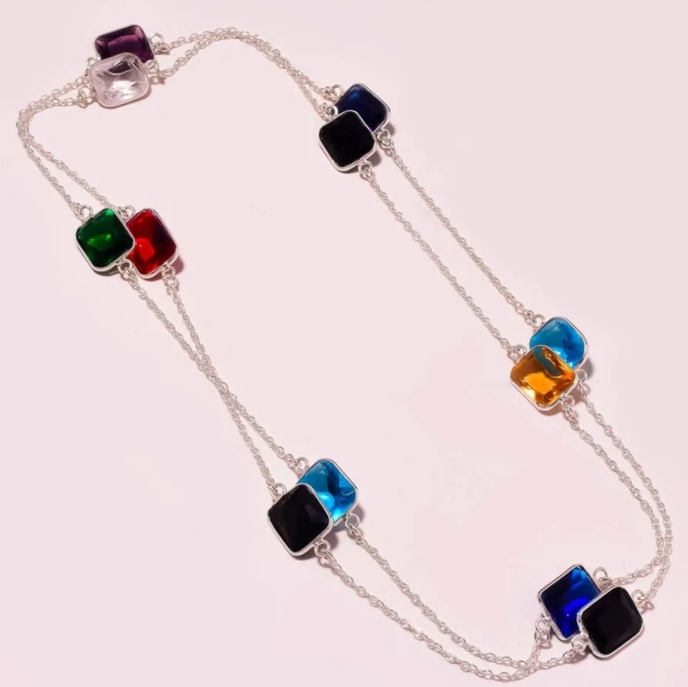 Multicolor Faceted Gemstones Silver Necklace. Gorgeous ✨️ 😍 36" crystal - Picture 4 of 8